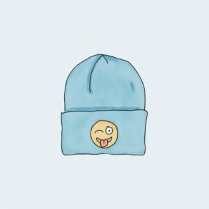 Light blue beanie with playful emoji