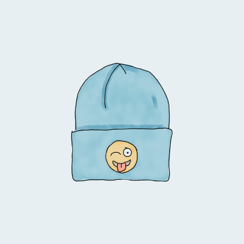 Light blue beanie with playful emoji